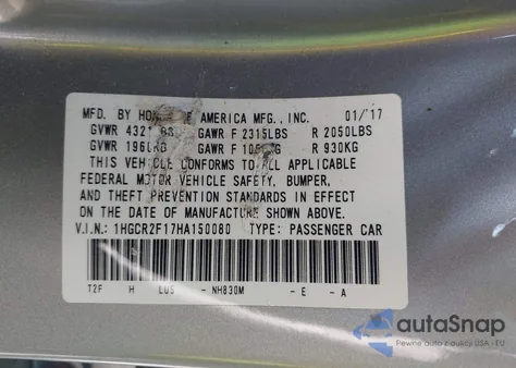 2017 Honda Accord Sport Special Edition z USA, uszkodzony, nr VIN 1HGCR2F17HA150080